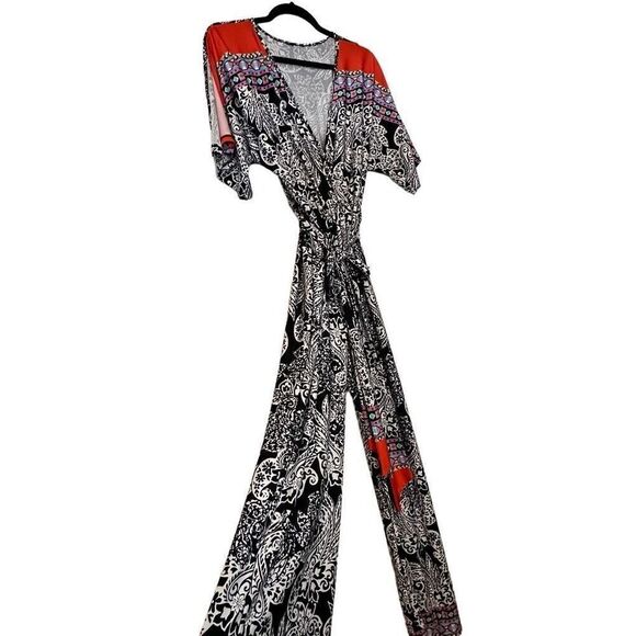 Venus Damask Surplice Split Flutter Sleeve Tie Belt Jumpsuit Multicolor Small - Picture 2 of 6